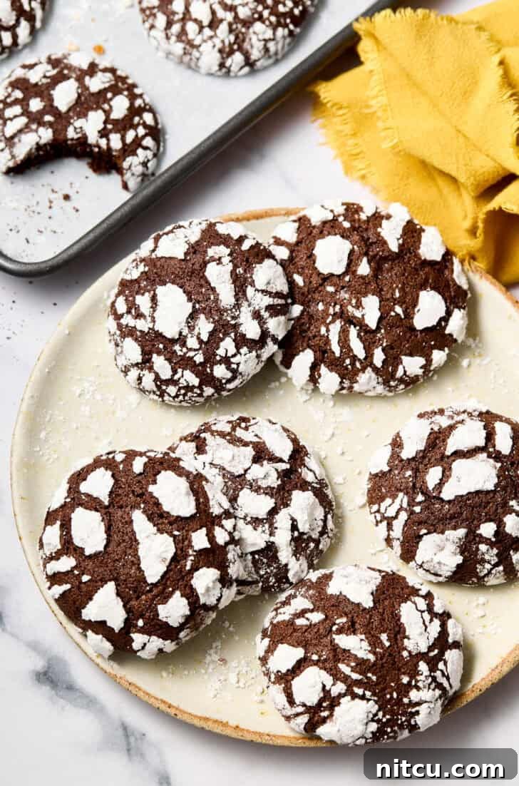 Mexican Crinkle Cookies Recipe - cookies spread out on plate with more chocolate cookies in the background, highlighting their festive appearance.