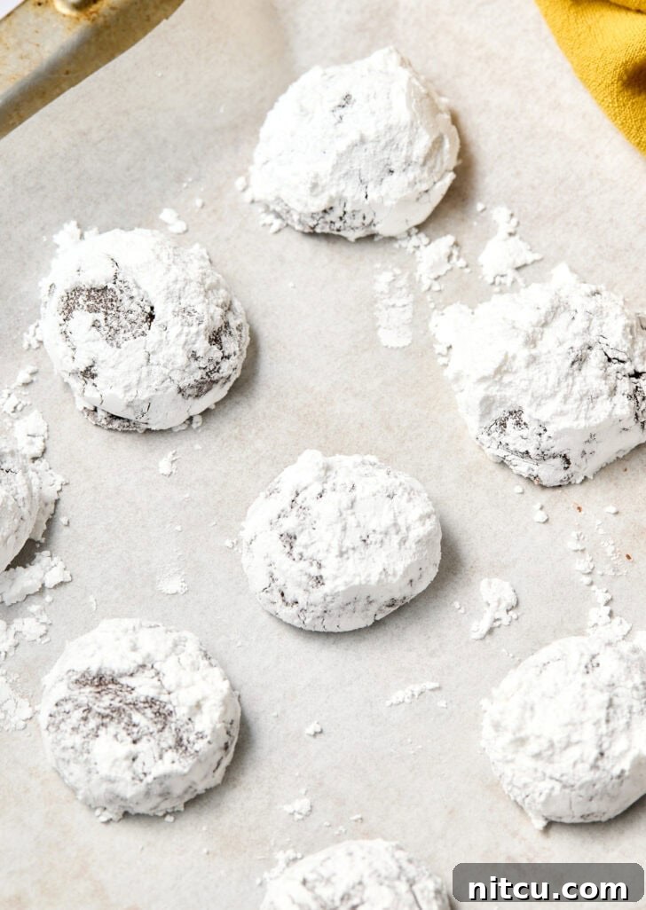 Mocha Crinkle Cookies on baking sheet before baking, perfectly spaced for even cooking.