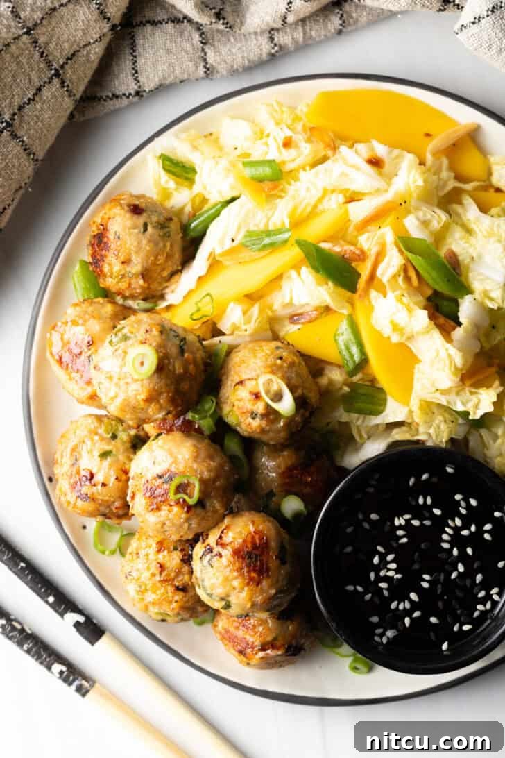 Top-down view of a plate with Thai turkey meatballs alongside a fresh Asian salad and a small black bowl of dipping sauce.