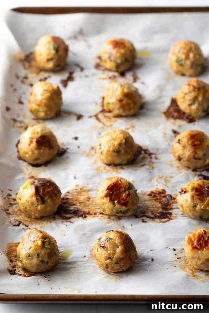 Fifteen golden-brown baked turkey meatballs resting on a baking sheet, fresh out of the oven.