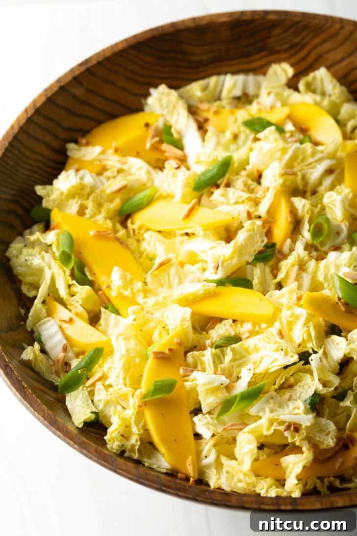 Top down view wood bowl with green napa cabbage, mango slices, and green onions.