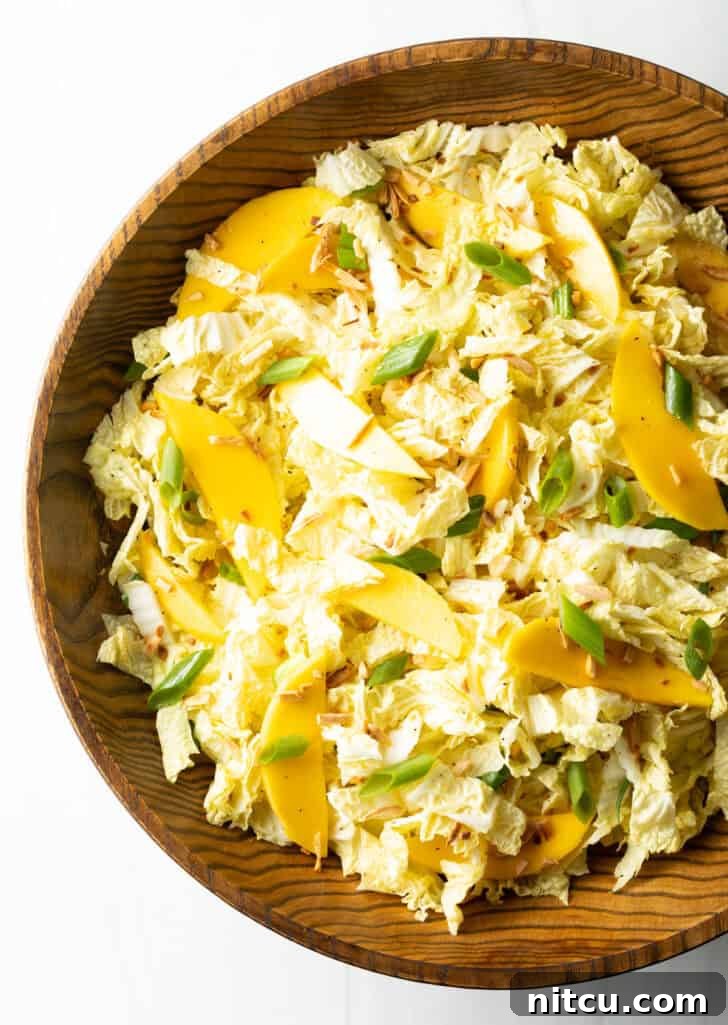 Top down view wood bowl with green napa cabbage, mango slices, and green onions.