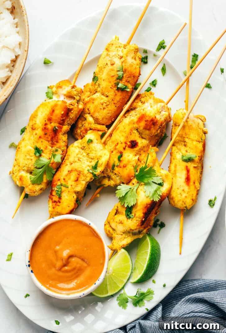 Six pieces of golden-brown chicken satay elegantly arranged on a white oval plate, garnished with vibrant lime slices and accompanied by a small white ramekin filled with rich peanut sauce.