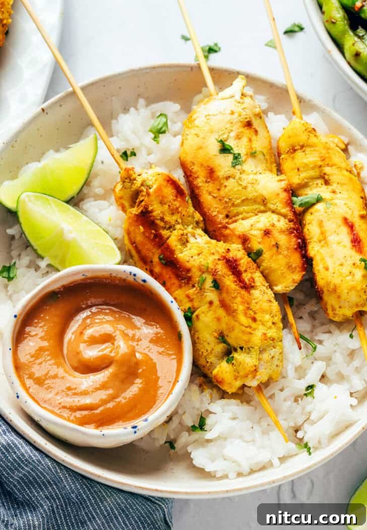 Six pieces of chicken satay arranged on a white round plate with a side of fluffy white rice, vibrant lime slices, and a small white ramekin of rich peanut sauce.