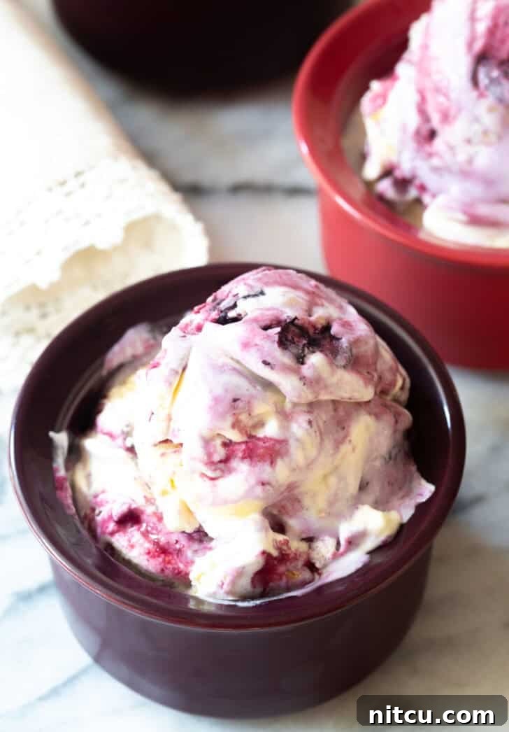 A scoop of homemade blueberry pie ice cream in a dark bowl, garnished with fresh blueberries and pie crust crumbs.