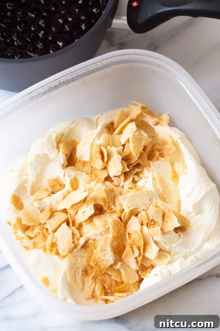 Broken pie crust pieces in a container, ready to be mixed with vanilla ice cream.