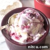 Dark bowl with blueberry pie ice cream. A spoon is taking a scoop from the bowl.