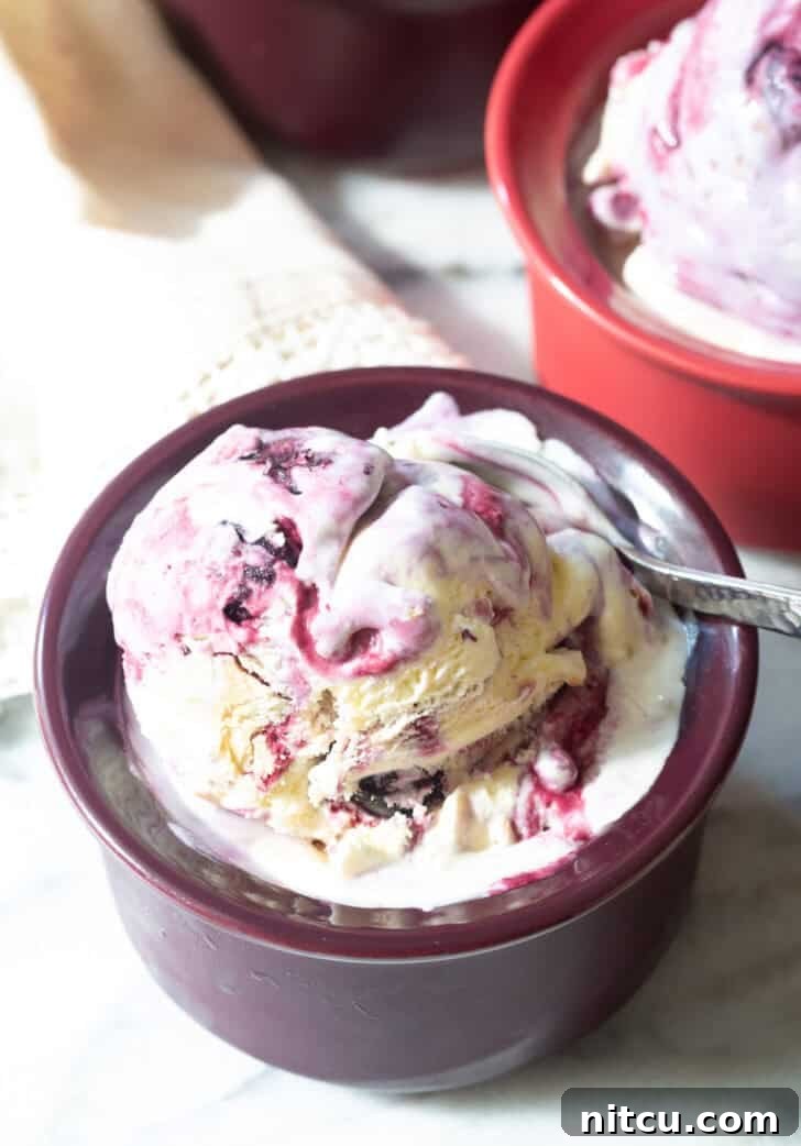 A spoon scooping a generous portion of blueberry pie ice cream from a dark bowl, highlighting the blueberry swirls and pie crust pieces.