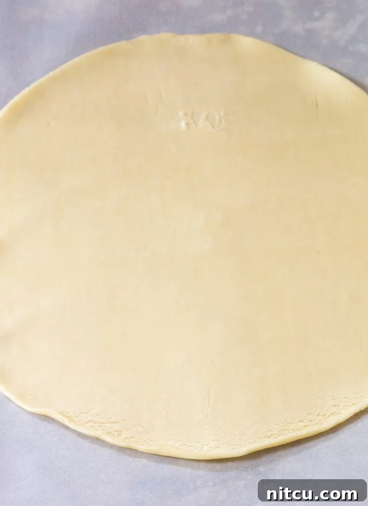 Rolled out circle of pie dough on parchment paper.