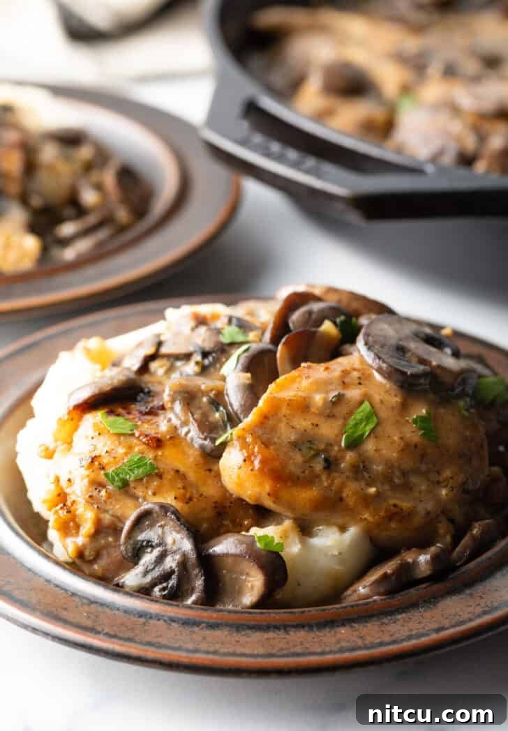 Close-up of creamy mushroom chicken served over mashed potatoes on a brown plate, garnished with fresh herbs.