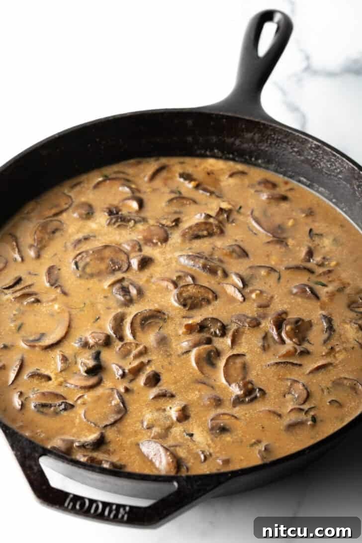Rich, brown mushroom gravy simmering in a cast iron skillet, thickening beautifully.