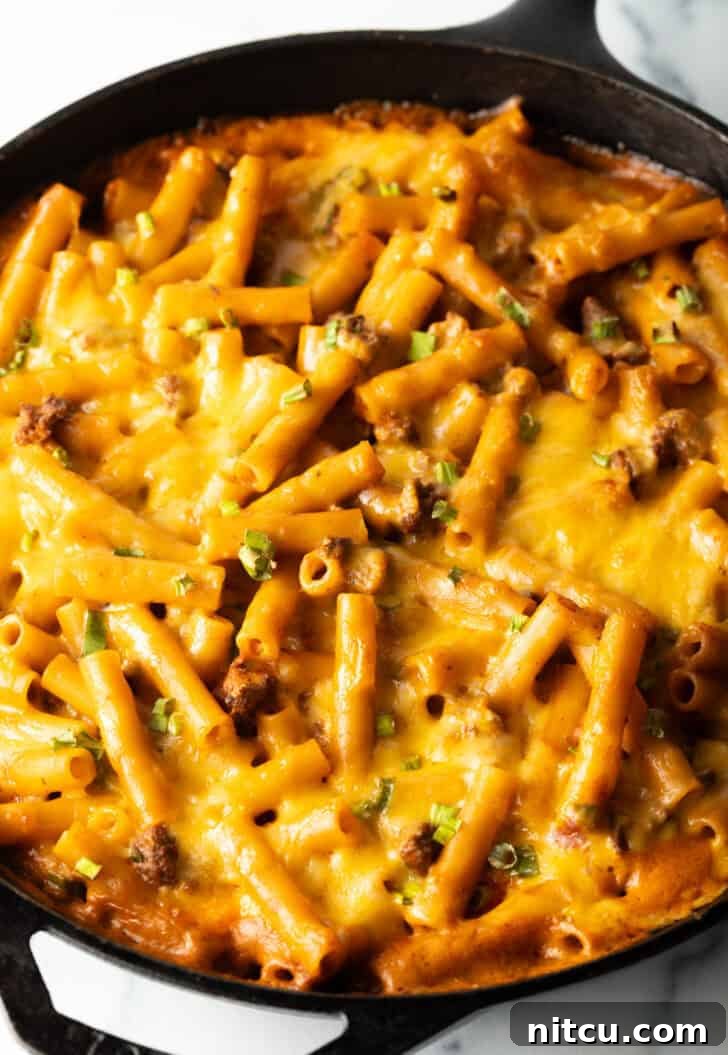 Deep black cast iron skillet with long noodles, ground beef, and cheese. The cheese is melted and bubbly.