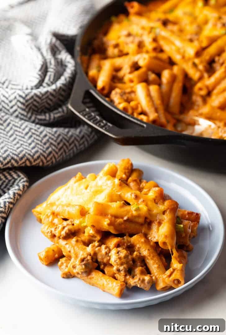 Gray plate with serving of cheeseburger casserole. A close-up view of the hearty ingredients.
