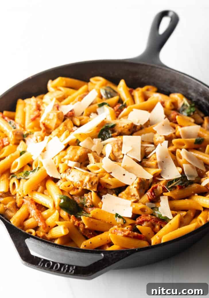 The finished Marry Me Chicken Pasta in a cast iron skillet, garnished and ready to serve.