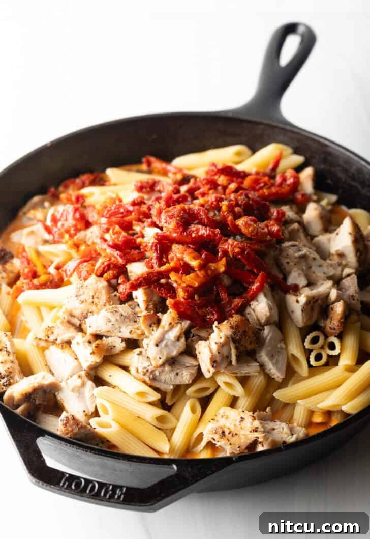 Adding vibrant sun-dried tomatoes to chopped chicken and penne pasta in a cast iron skillet, mixing flavors.