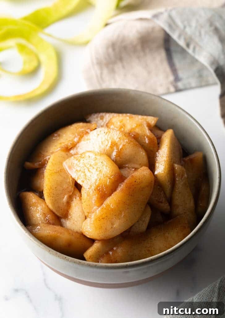 Serving of perfectly spiced fried apples in a rustic gray bowl, ready to be enjoyed.
