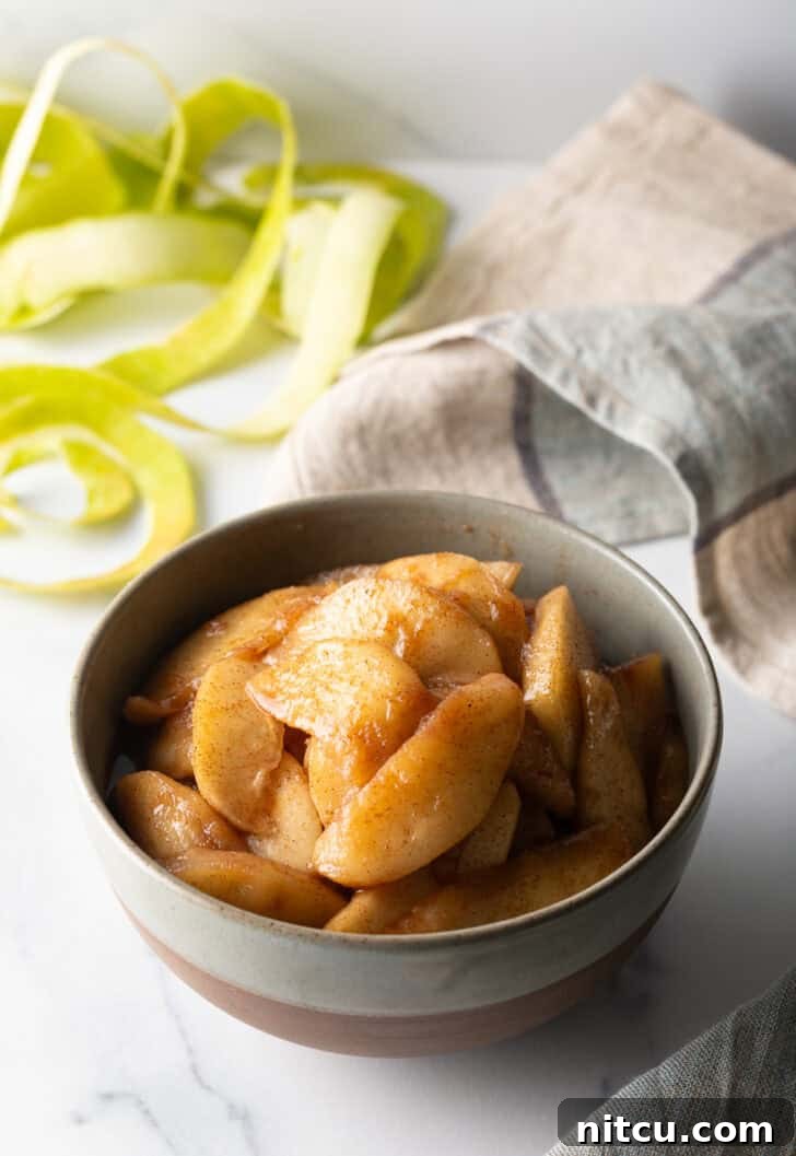 Close-up of a serving of spiced fried apples in a gray bowl, garnished with a cinnamon stick.