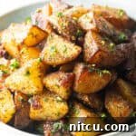 White bowl brimming with pieces of golden crispy Yukon potatoes.