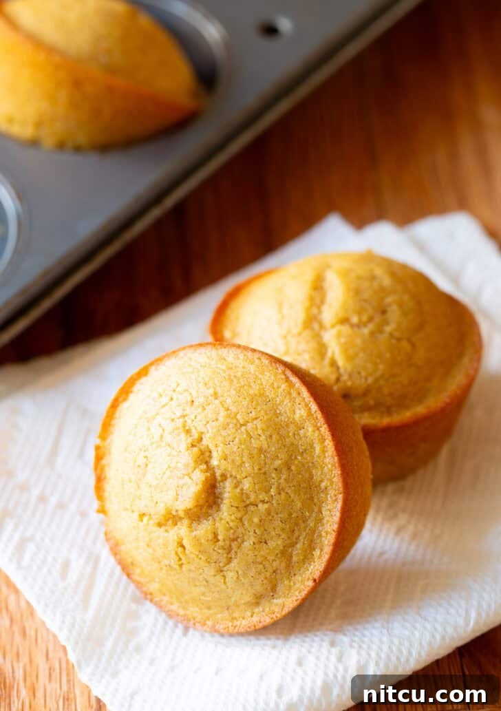 Two freshly baked honey cornbread muffins resting on a pristine white napkin, highlighting their golden-brown crust and inviting, fluffy interior.