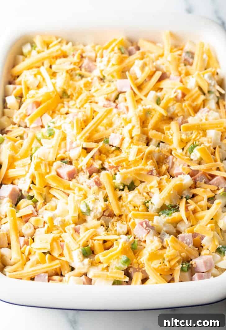 Sprinkling final layer of cheddar cheese over the casserole.