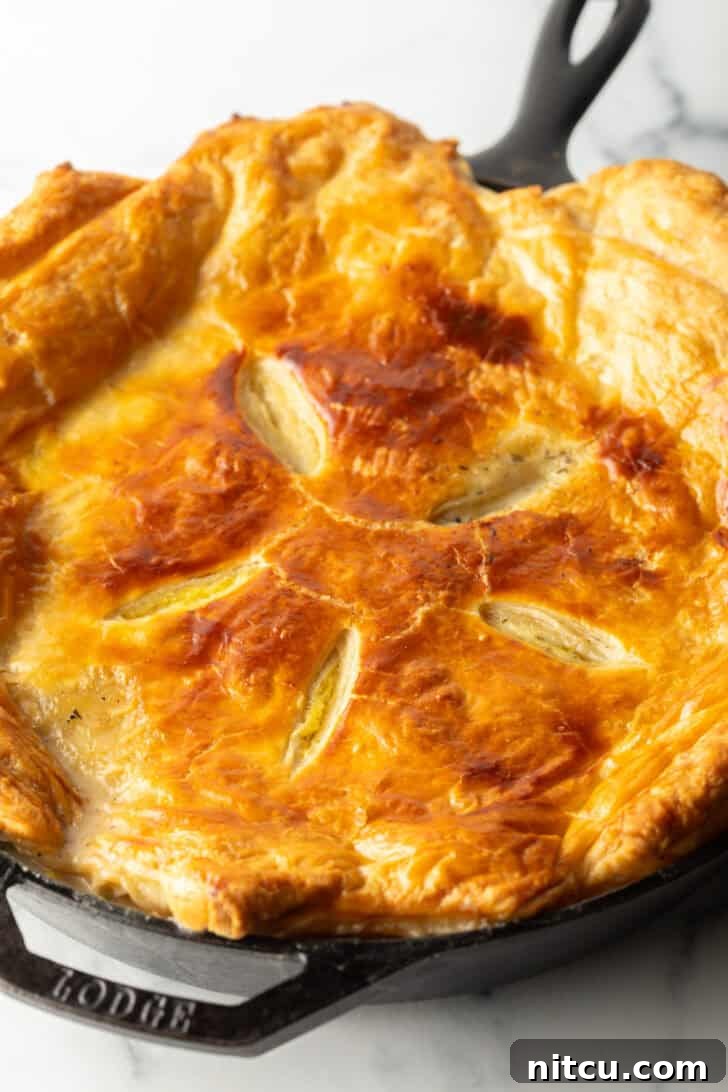A top-down view of a freshly baked chicken pot pie with a perfectly golden brown and puffed puff pastry crust.