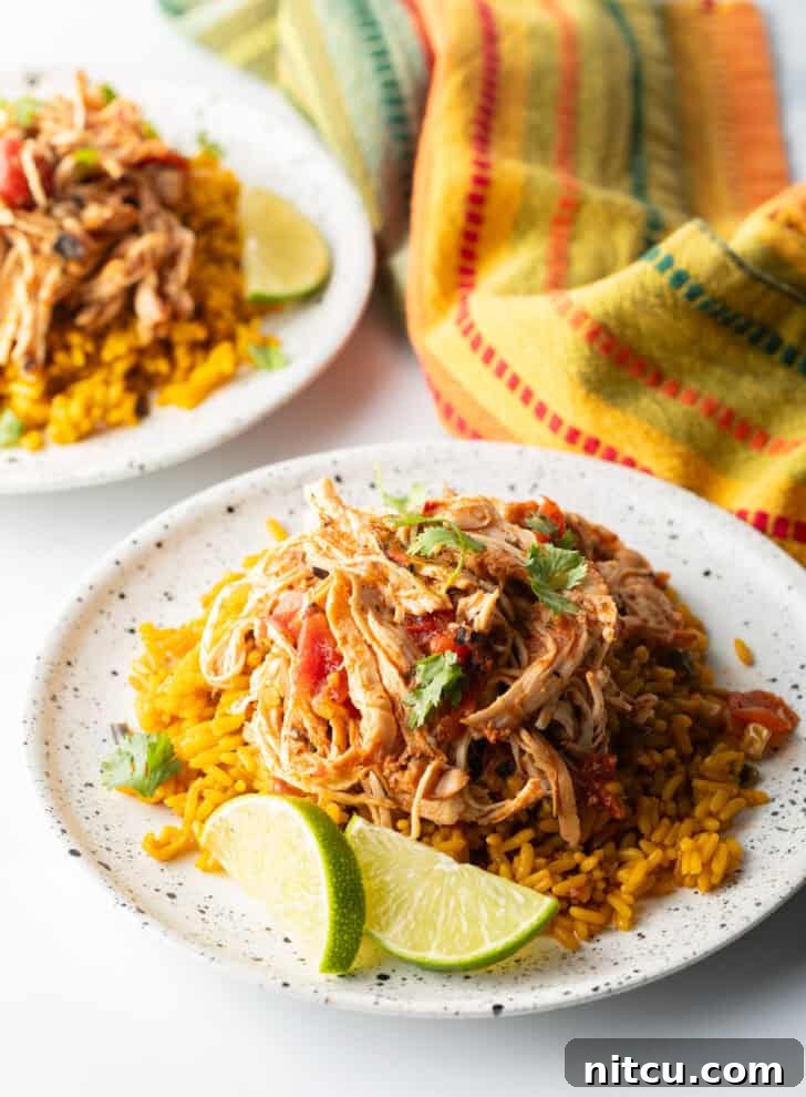 Mound of zesty shredded Mexican chicken on a plate with spanish rice and lime wedges.