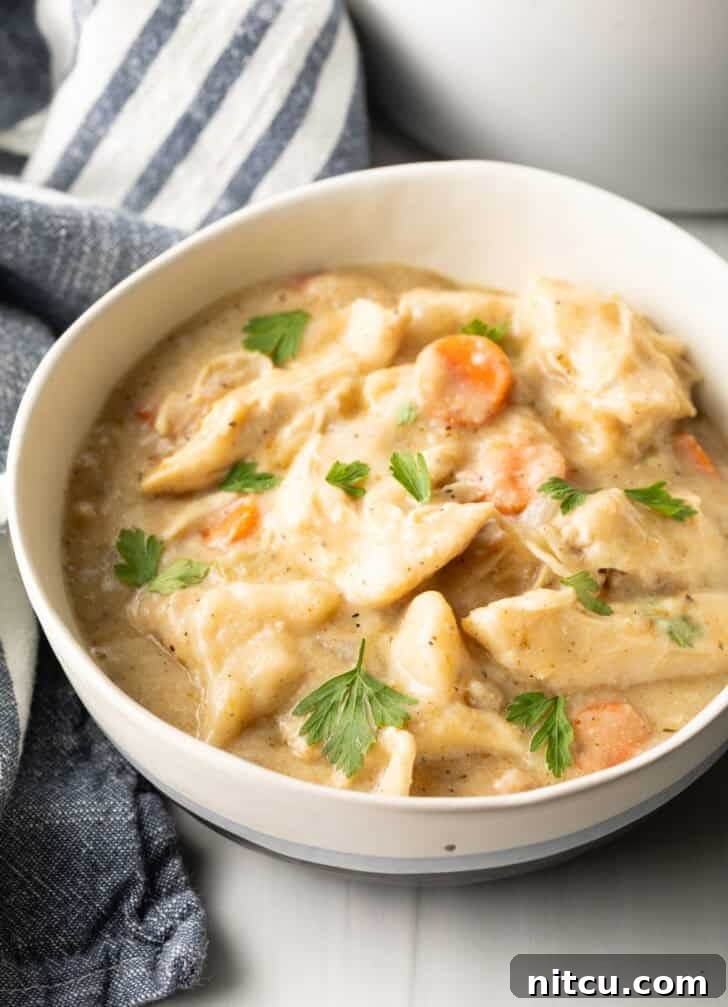 A hearty white bowl filled with crock pot chicken and dumplings, garnished with fresh chopped parsley, ready to be enjoyed.