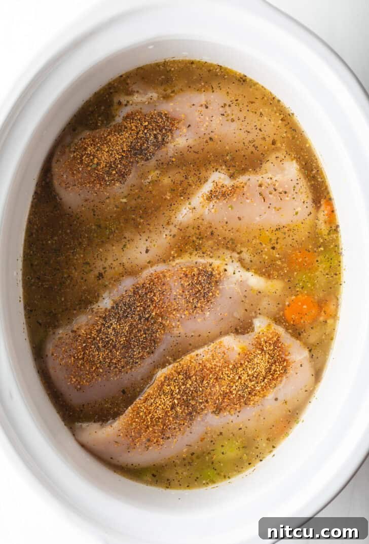 Four raw chicken breasts immersed in savory broth within a white slow cooker, ready for slow cooking.