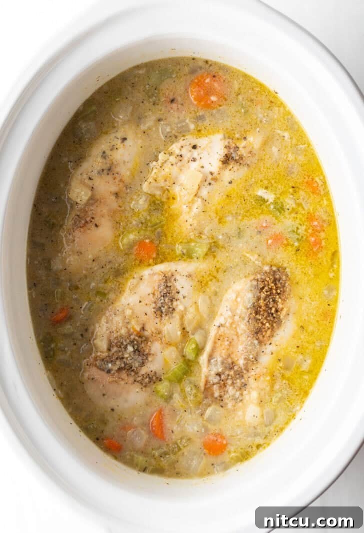 Cooked chicken breasts resting in a rich broth with carrots and other vegetables in a slow cooker, softened and ready for shredding.