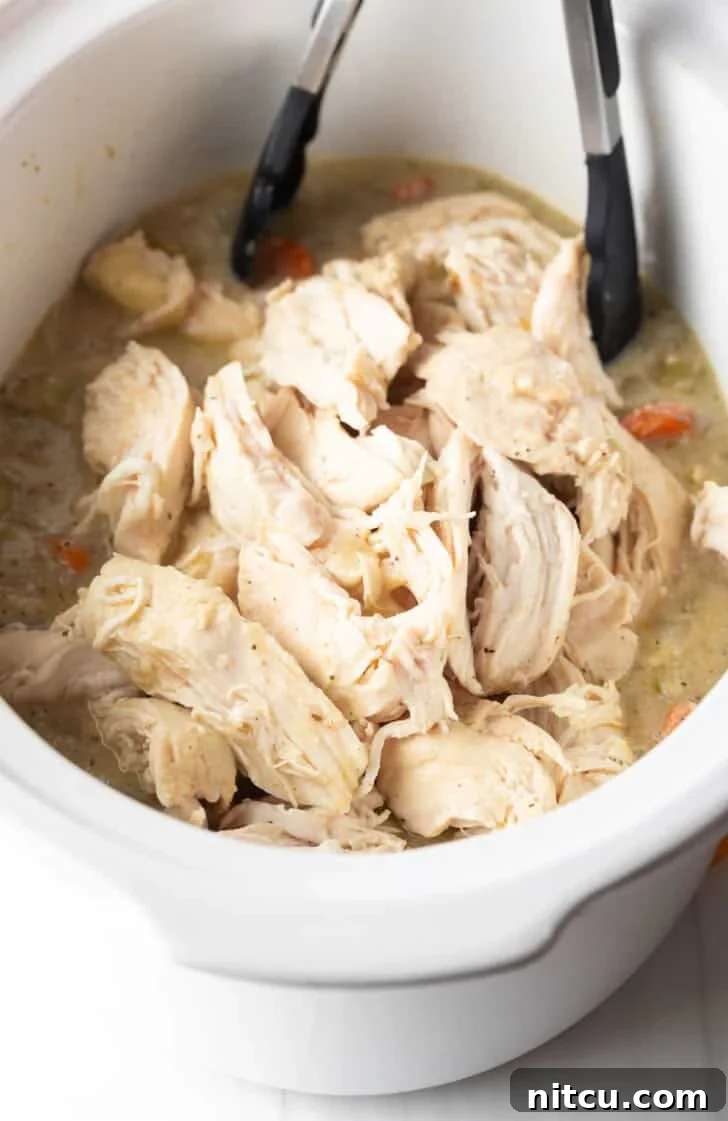 Tongs gently lifting a piece of perfectly shredded chicken from the white crockpot, demonstrating its tenderness.