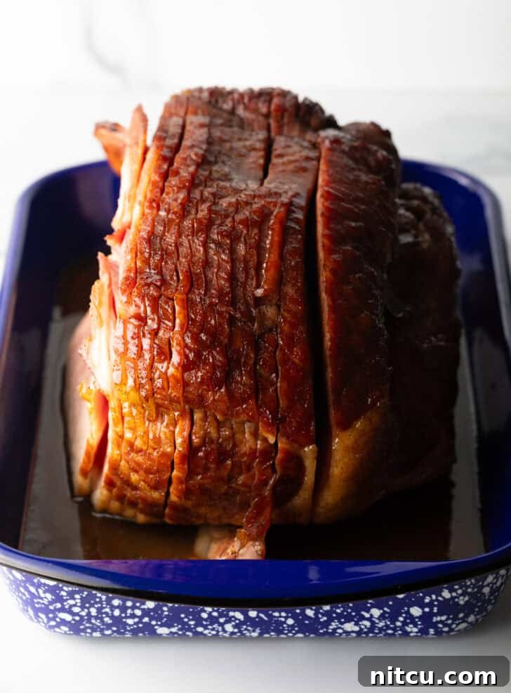 A perfectly cooked spiral ham, beautifully glazed and ready to serve, displayed in a blue and white speckled roasting pan.