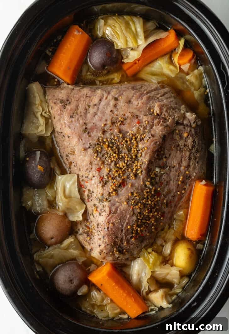 Whole corned beef surrounded by large pieces of carrots, cabbage, and baby potatoes in a black crock pot.