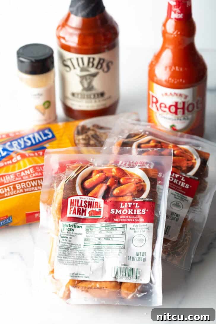 Recipe ingredients: A bottle of Frank's RedHot, Stubb's bbq sauce, seasoning, two packs of little smokies, and a bag of brown sugar.
