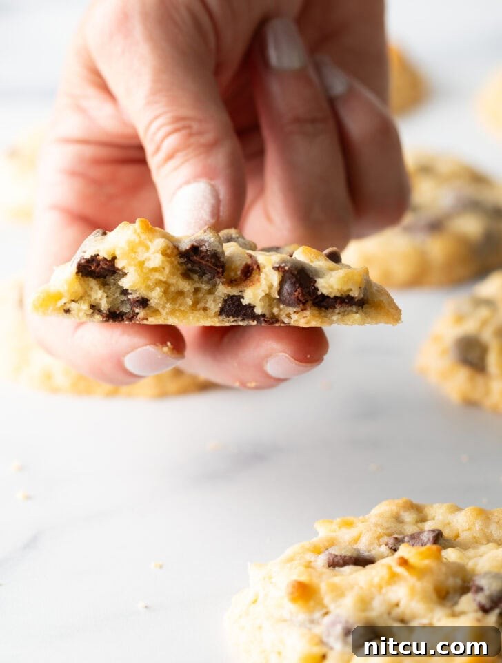 A hand holds half of a freshly baked potato chip cookie, showcasing its soft interior, visible chocolate chips, and crushed potato chip pieces.