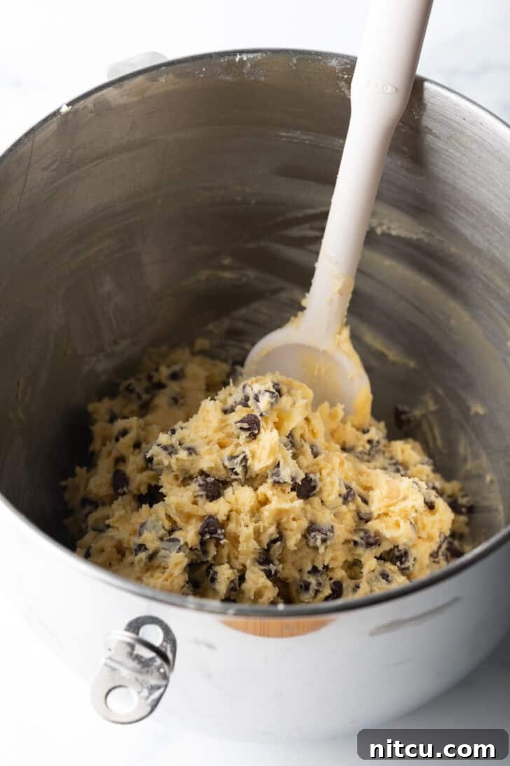 Finished chocolate potato chip cookie dough in a metal bowl, ready for scooping.