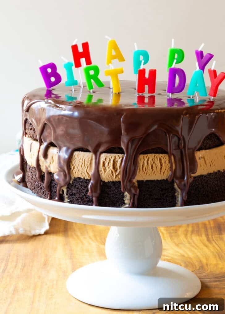 Ice Cream Cake Recipe - Chocolate and caramel ice cream layered cream cake coated with glossy icing and Happy Birthday candles on top.