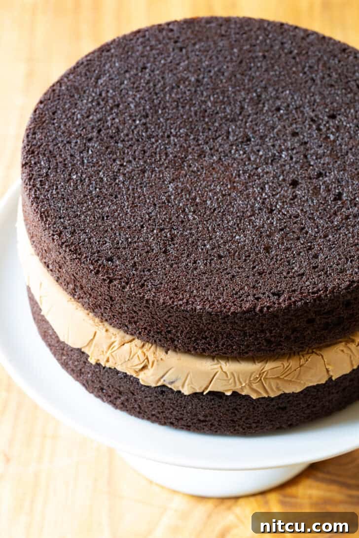 Chocolate and caramel ice cream layered cream cake.