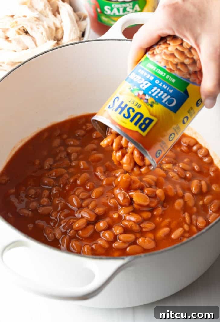 The initial step of adding robust pinto chili beans, complete with their flavorful sauce, directly from a can into a large, sturdy pot, ready to form the base of the chili.