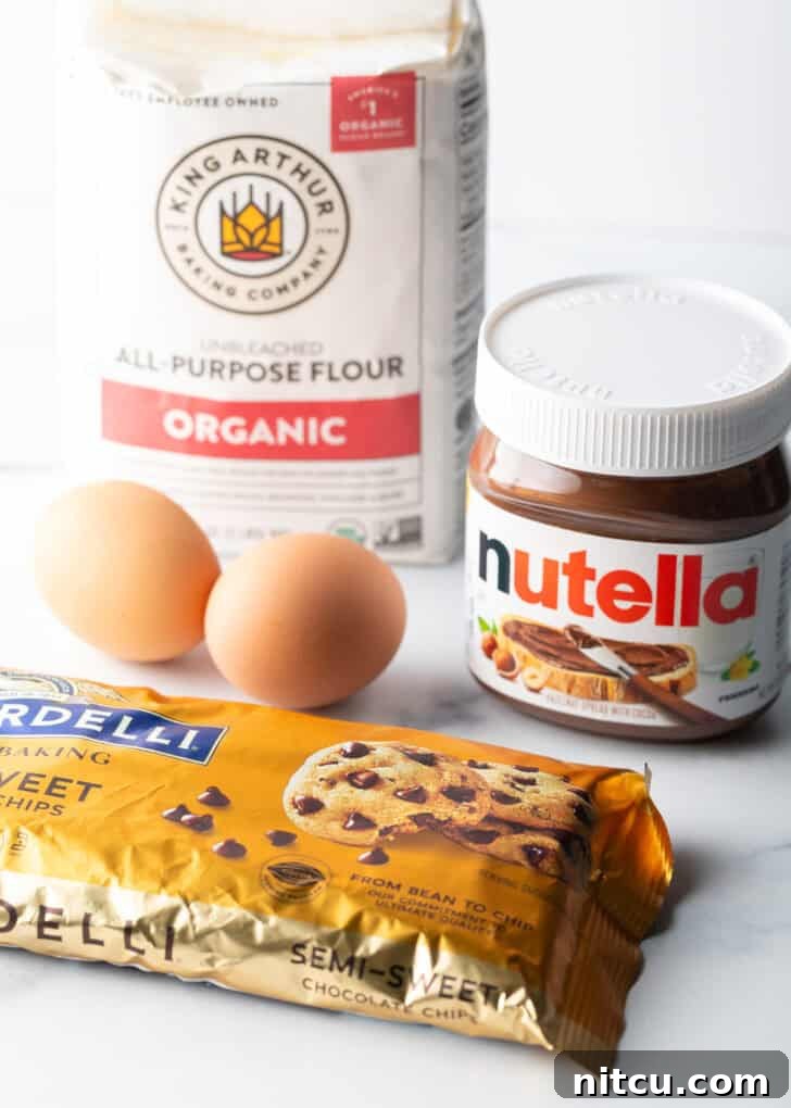 Nutella cookie recipe ingredients: Bag of chocolate chips, jar of nutella, bag of flour, and two eggs.