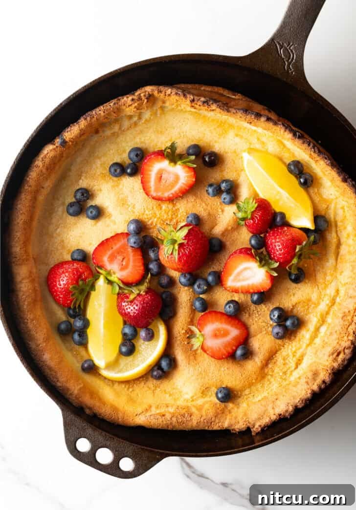 Top-down view of a beautifully baked Dutch Baby in a cast iron skillet, generously topped with vibrant fresh strawberries, plump blueberries, and delicate lemon slices.