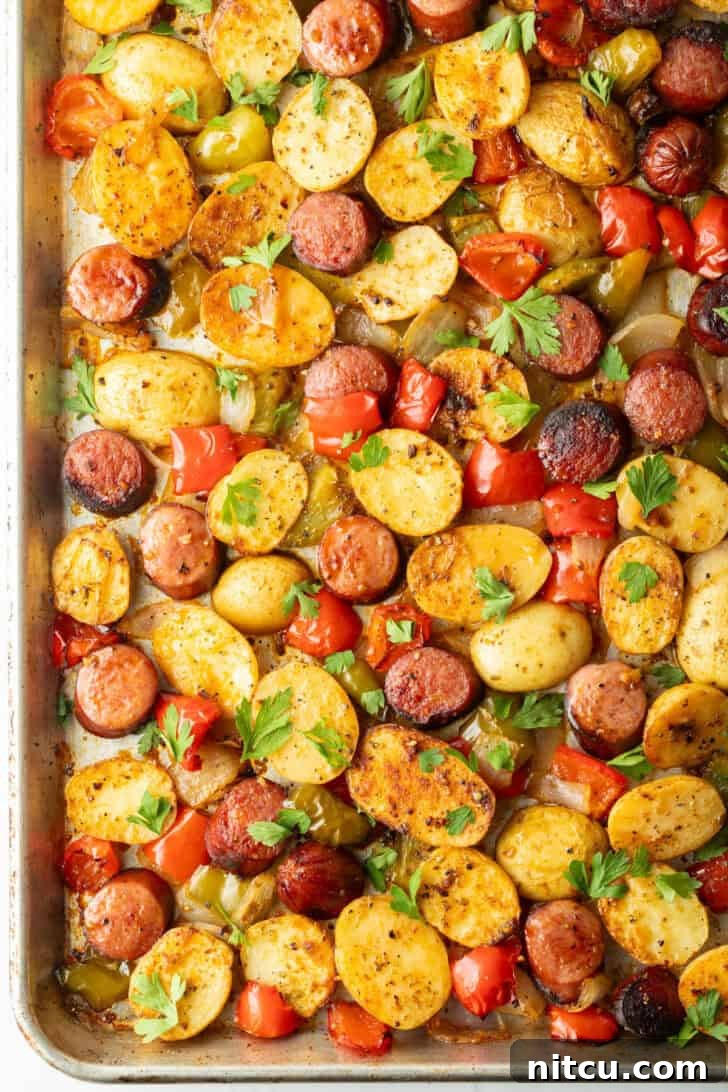 Overhead view of sheet pan kielbasa and potatoes recipe, showcasing beautifully roasted sausage, potatoes, and vegetables.