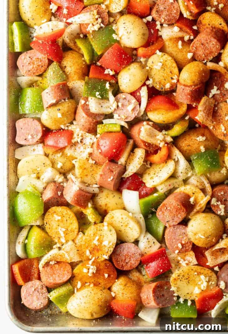 Kielbasa sausage and mixed vegetables, including peppers and onions, generously coated with olive oil, garlic, and spices on a sheet pan.