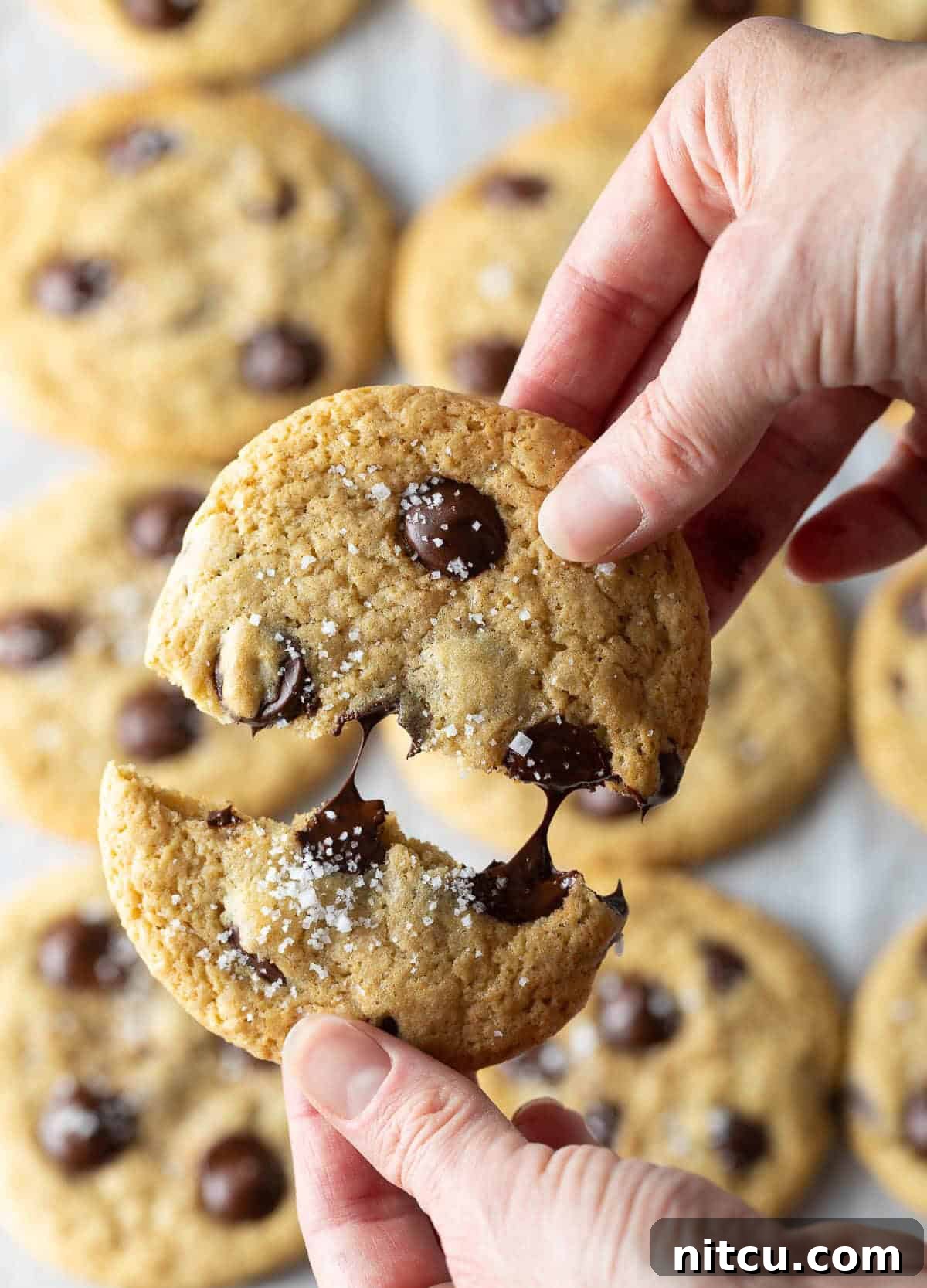 A hand breaking a perfectly baked salted chocolate chip cookie in half, revealing its chewy interior and melted chocolate.