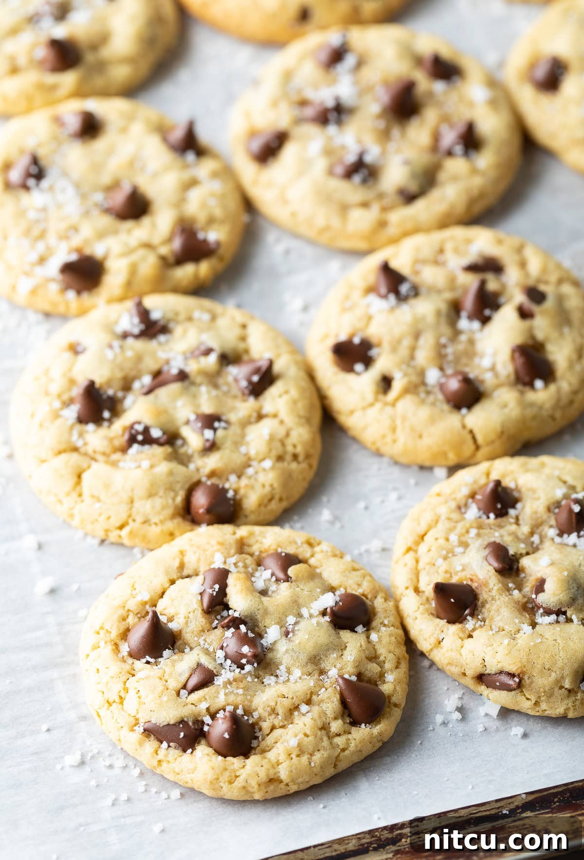 A batch of golden-brown salted chocolate chip cookies cooling on a baking sheet, glistening with sea salt.