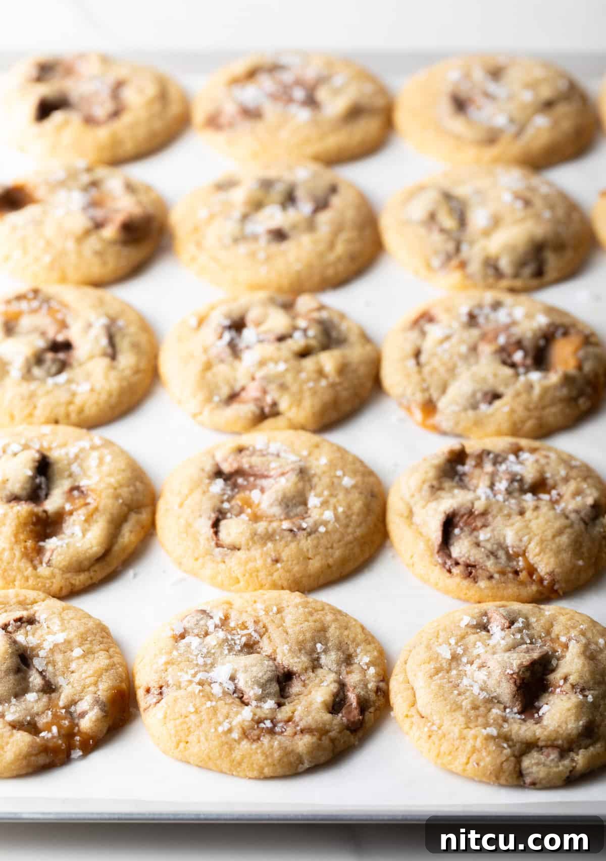 Freshly baked Milky Way cookies cooling on a parchment-covered cookie tray, sprinkled with sea salt.
