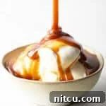Vanilla ice cream topped with rich salted caramel sauce in a rustic bowl on a white background.