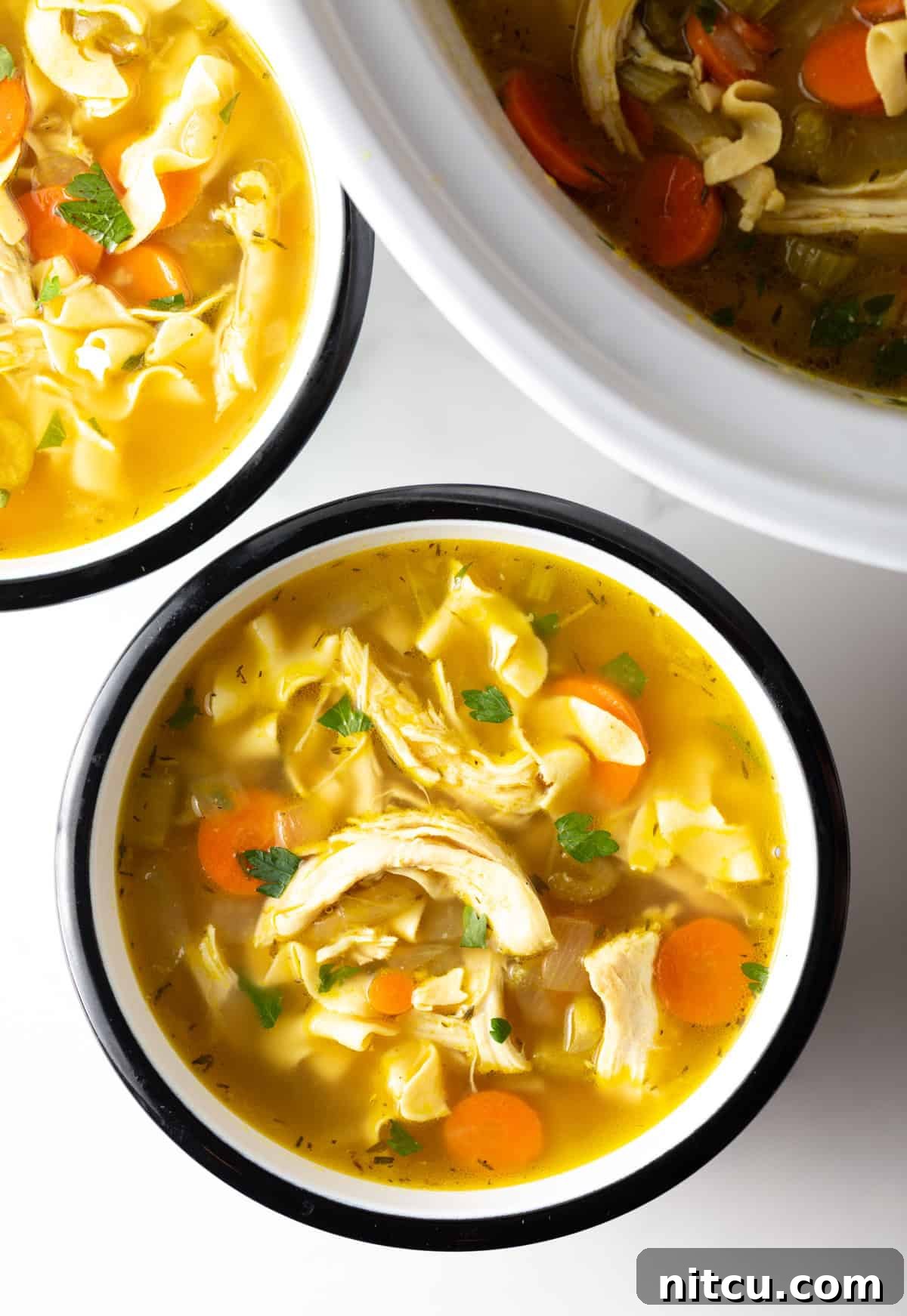 A delicious bowl of Crockpot Chicken Noodle Soup ready to be served.