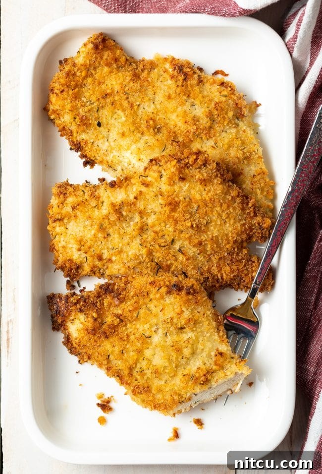 Overhead view of three pieces of baked chicken cutlets on a platter, garnished with fresh herbs.
