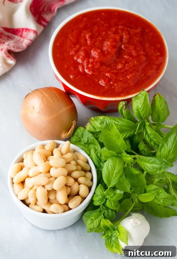 Overhead shot of fresh ingredients laid out for making healthy tomato basil bisque recipe, including tomatoes, basil, onions, garlic, and beans.