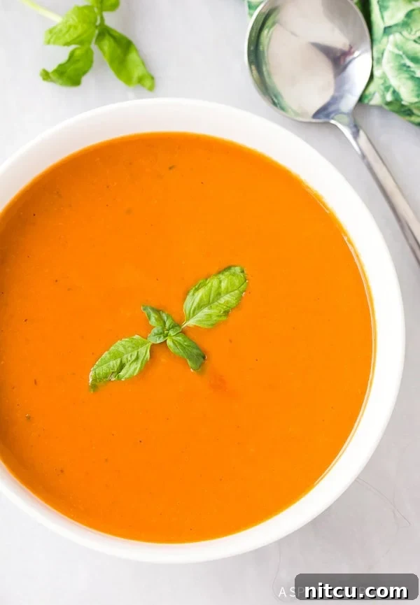 Overhead shot of a healthy tomato bisque in a white bowl, garnished with a sprig of fresh basil.